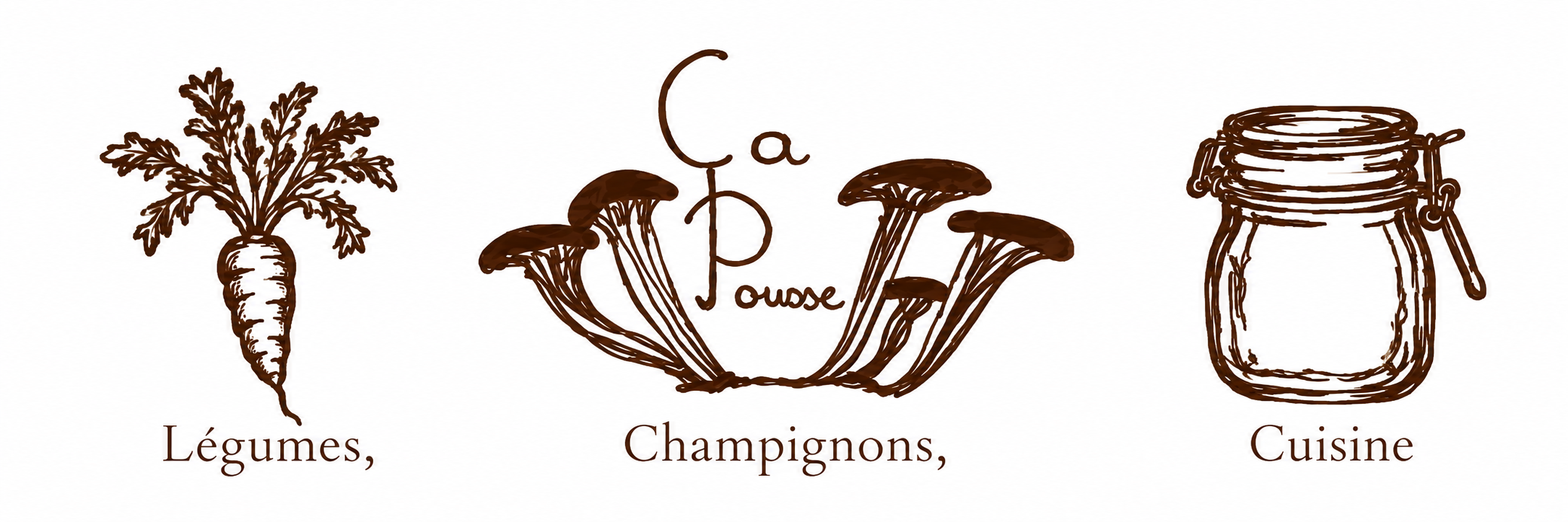 Dessins au trait d’une carotte, d’un bouquet de champignons autour du nom Ça pousse ! et d’un bocal.